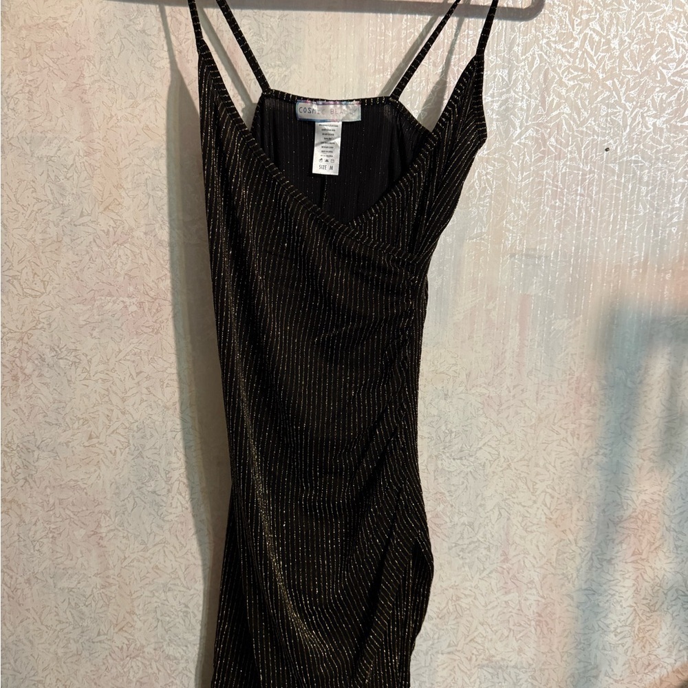 Cosmic Beauty Bodycon Black Gold-Striped Stretchy Slip Mini Dress, Prom, Dance M